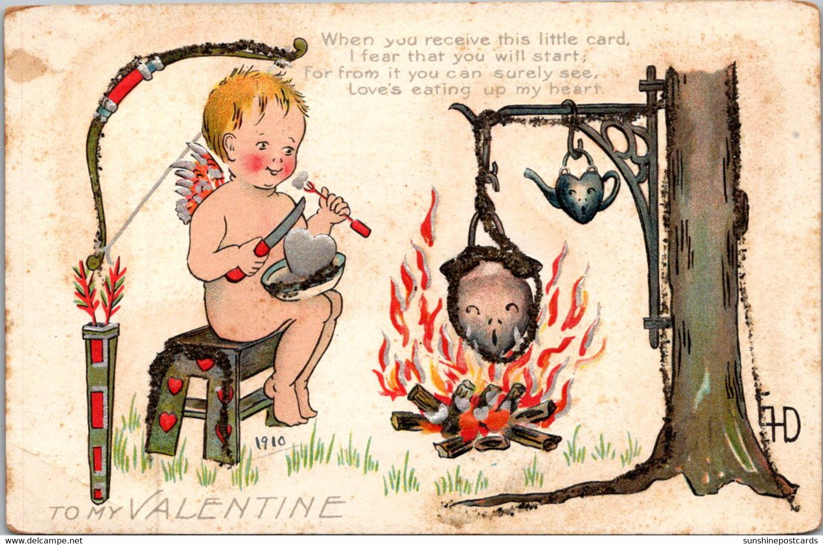 Valentine's Day Cupid Roasting Heart Over Open Fire - Saint-Valentin
