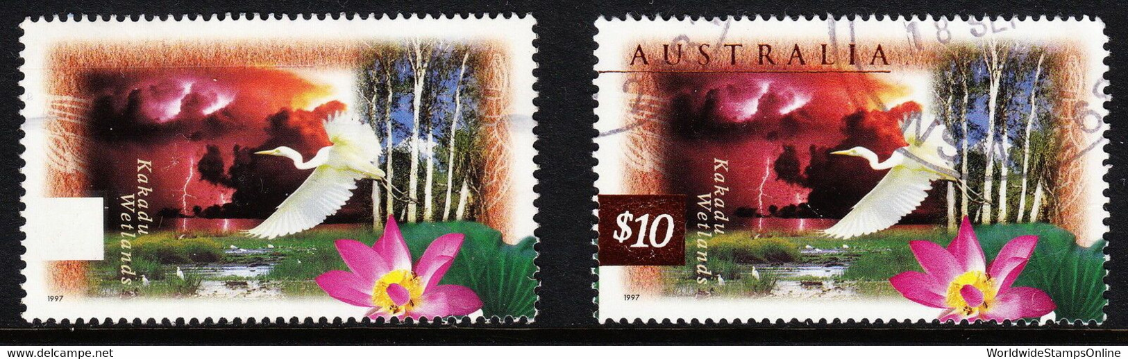 AUSTRALIA — SCOTT 1535v — 1997 KAKADU WETLANDS ISSUE — MAJOR EFO - Variedades Y Curiosidades