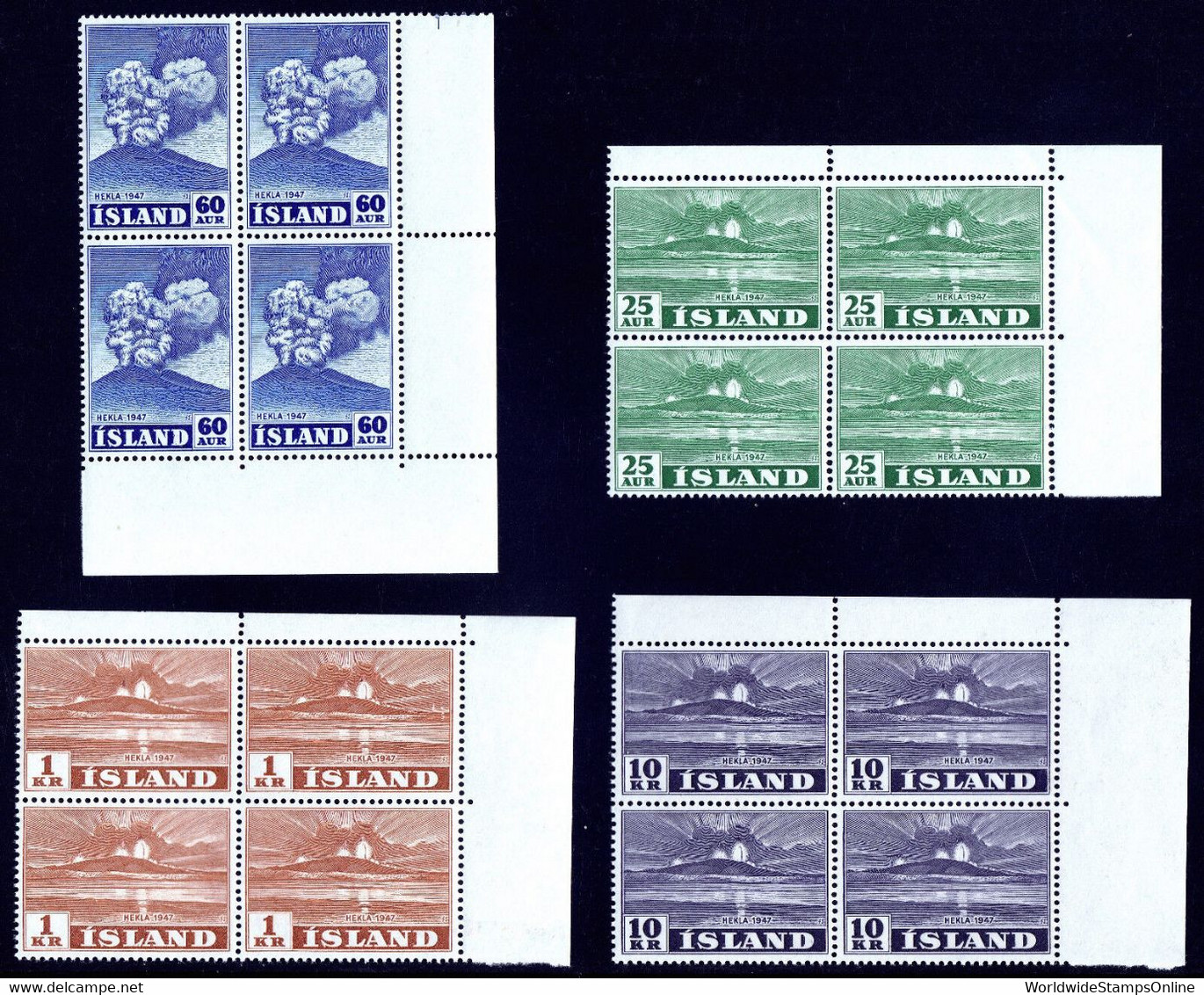 ICELAND — SCOTT 246-252 — 1948 HEKLA ERUPTION SET — MNH BLOCKS/4 — 2 SCANS — SCV $397 - Neufs