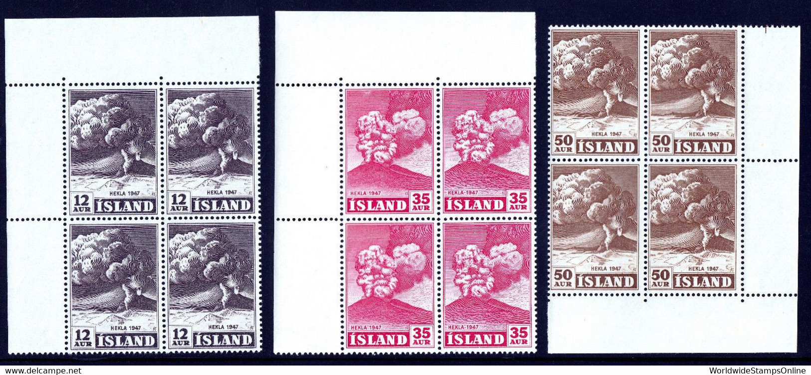 ICELAND — SCOTT 246-252 — 1948 HEKLA ERUPTION SET — MNH BLOCKS/4 — 2 SCANS — SCV $397 - Ungebraucht