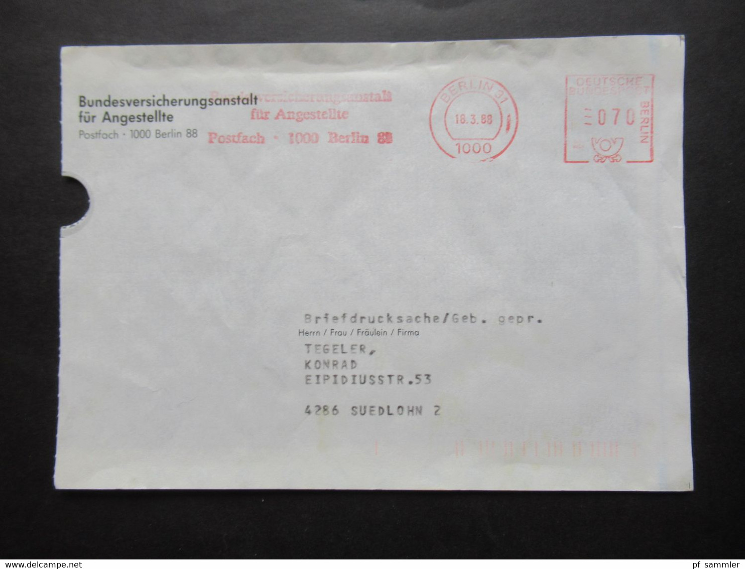 Berlin 1988 AFS Absenderfreistempel Bundesversicherungsanstalt Für Angestellte Postfach 1000 Berlin 88 - Cartas & Documentos