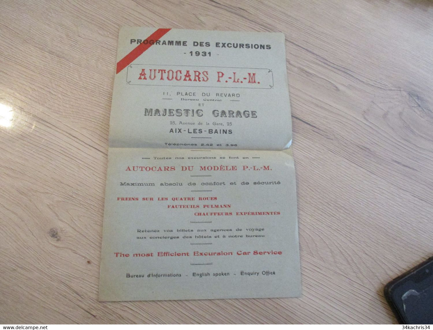 Programme Des Excursions 1931 Autocars Bus Autobus P.L.M. Majestic Garage Aix Les Bains Horaires Tarifs Destination - Europe