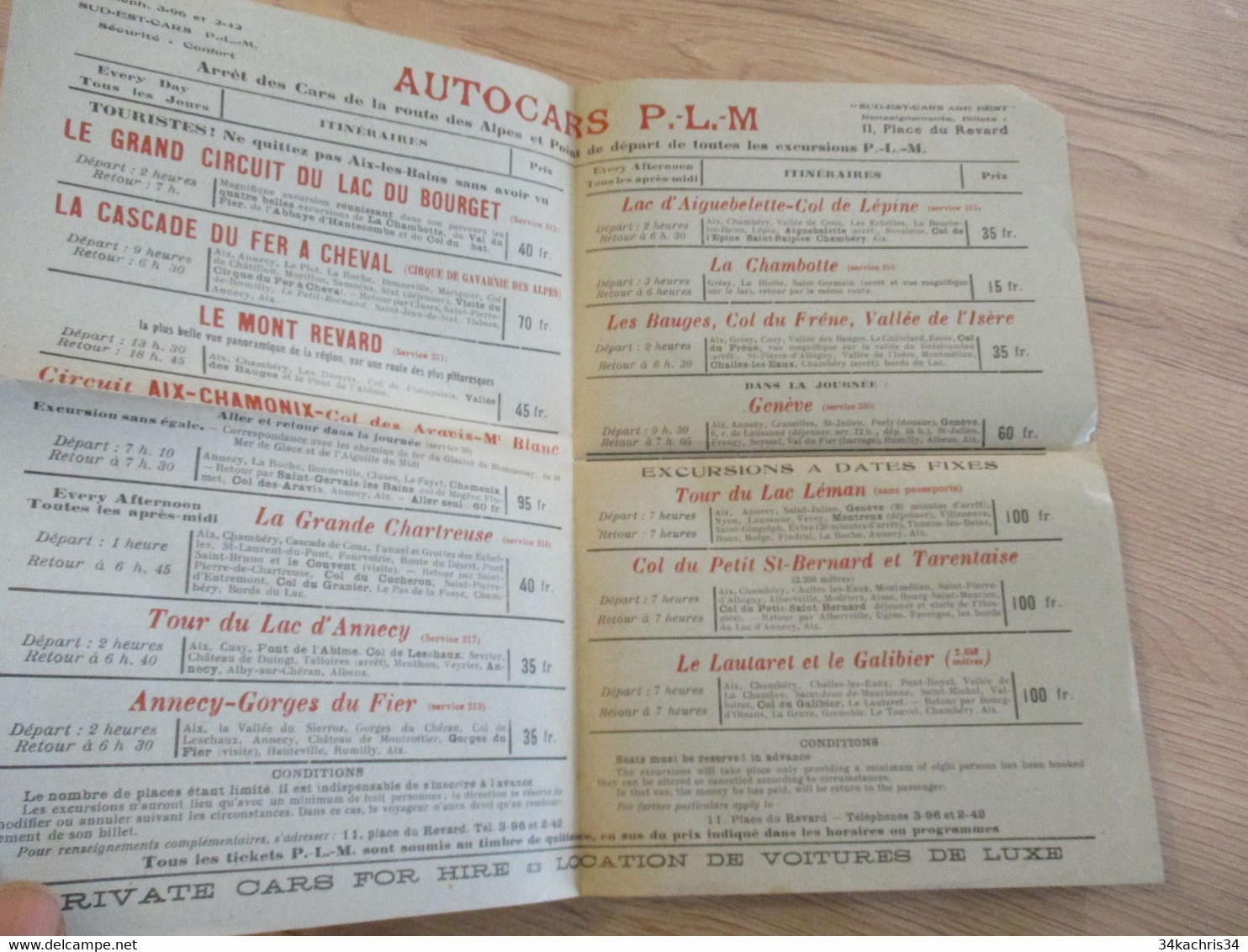 Programme Des Excursions 1931 Autocars Bus Autobus P.L.M. Majestic Garage Aix Les Bains Horaires Tarifs Destination - Europe