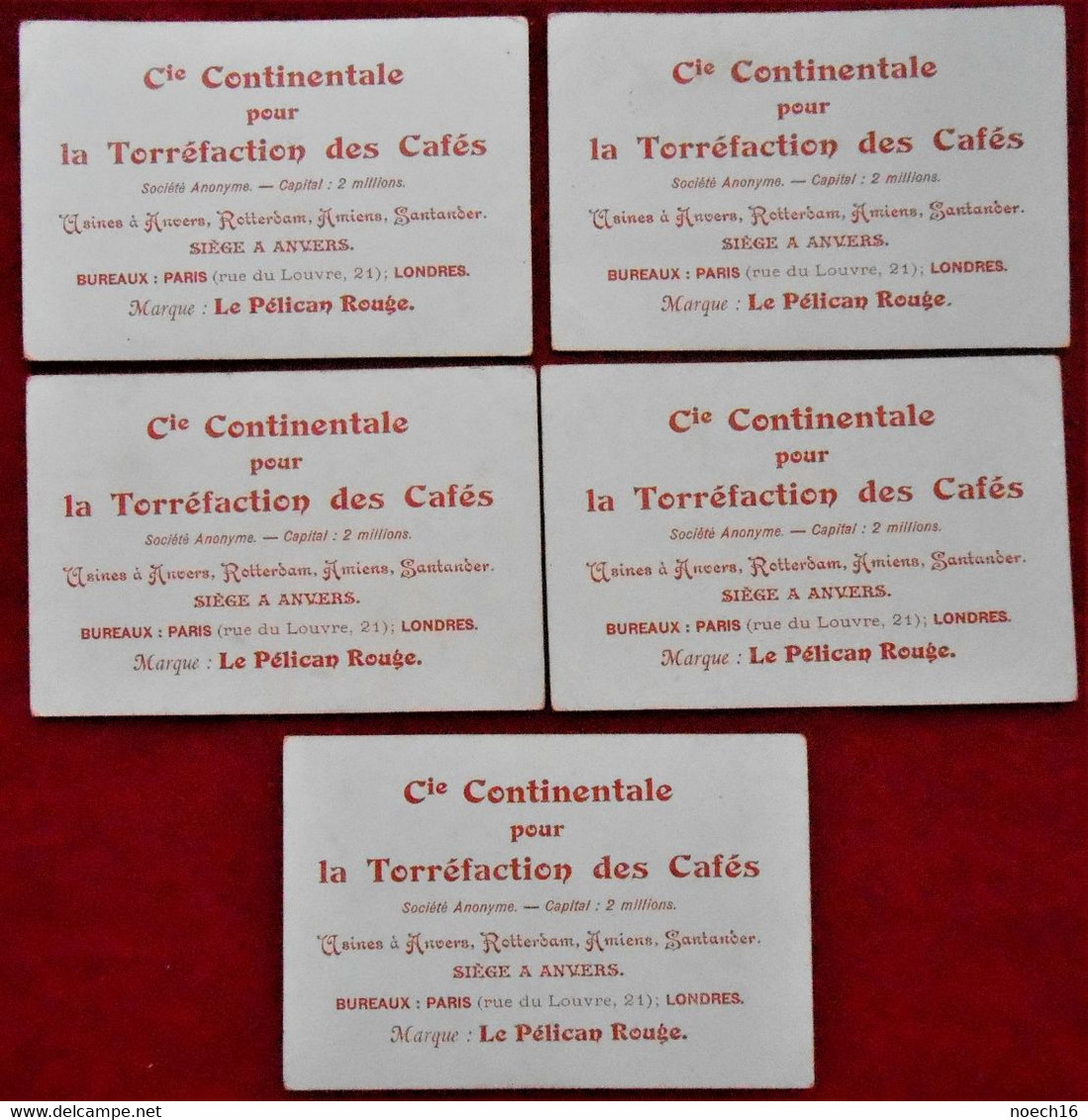 5 Chromos Publicité. Cafés Torréfiés. Le Pélican Rouge, Anvers - Animaux Utiles - Thé & Café