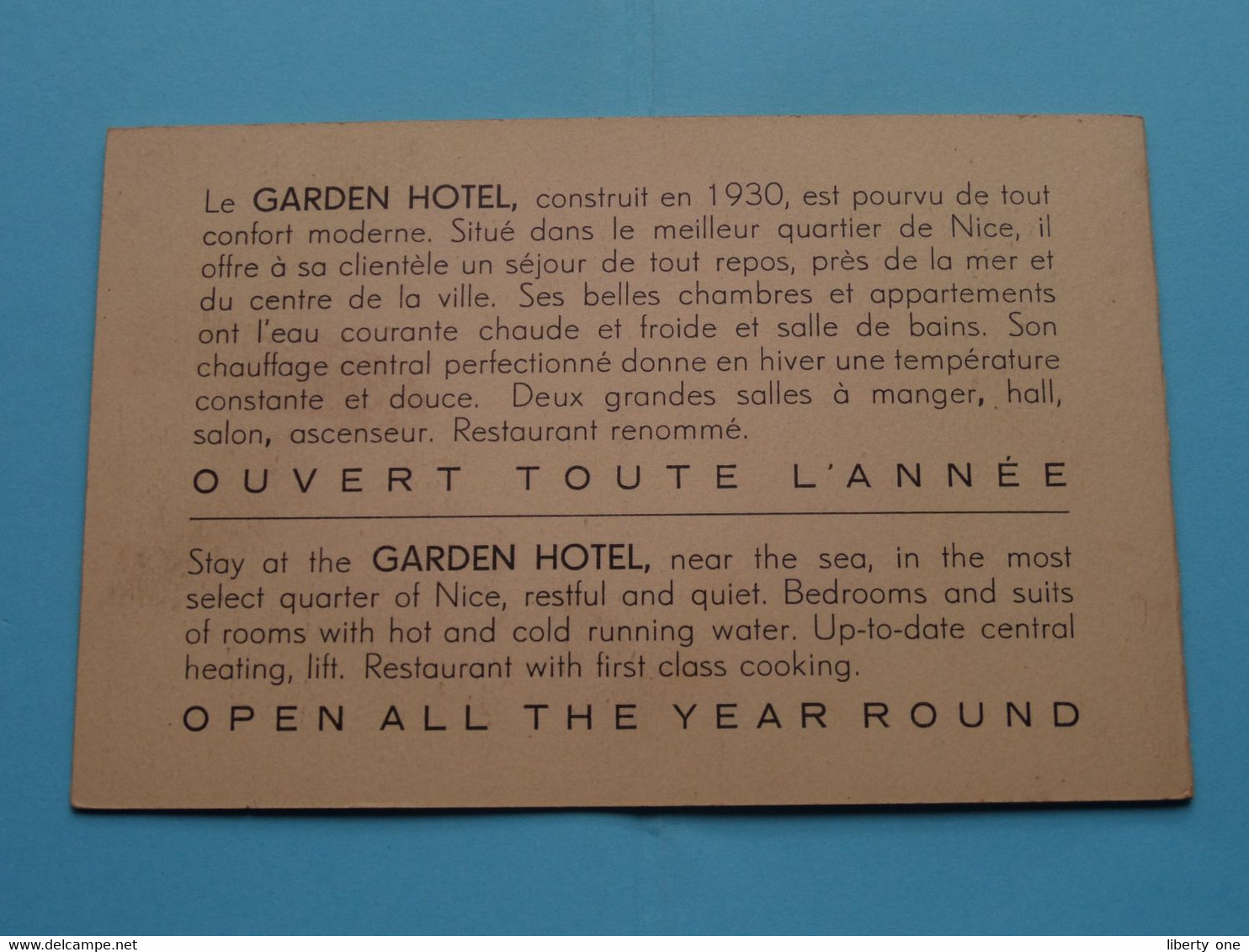 GARDEN HOTEL > NICE France ( Format 14 X 9 Cm. ) Carte Double Avec Publicité ! - Visiting Cards