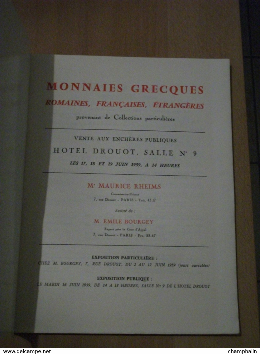 Catalogue De Vente De Monnaies Grecques Romaines Françaises Etrangères - 17-18-19 Juin 1959 - Hôtel Drouot à Paris - Livres & Logiciels