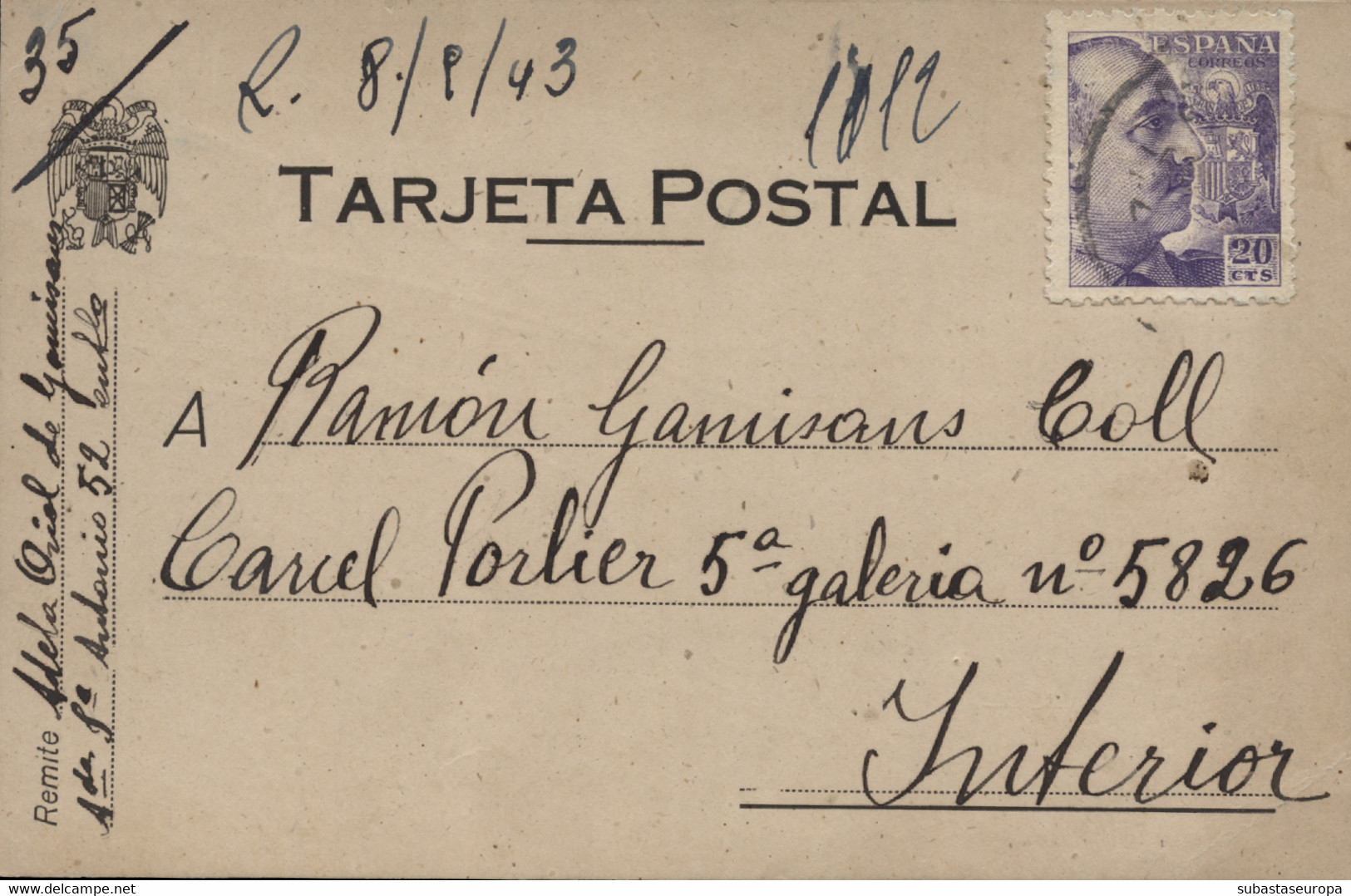 Guerra Civil. Tarjeta Postal Circulada Interior Madrid, Dirigida A La Cárcel Porlier, El 8/9/43. - Marques De Censures Républicaines