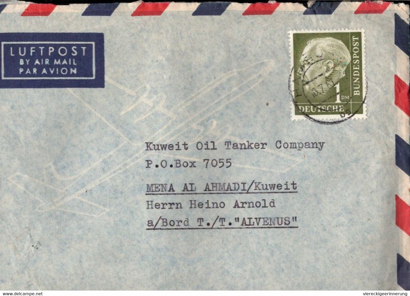 ! 1961 Heuss 1,- DM Als Einzelfrankatur Auf Luftpostbrief Aus Hamburg Nach Kuwait Mit Ankunftsstempel Und Briefinhalt - Koeweit
