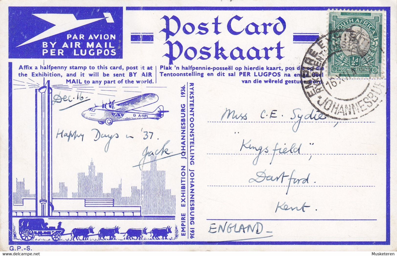 South Africa PPC Delivery Of Mails At Rand Airport Per Lugpos Air Mail Sonderstempel EMPIRE EXHIBITION JOHANNESBURG 1916 - Airmail