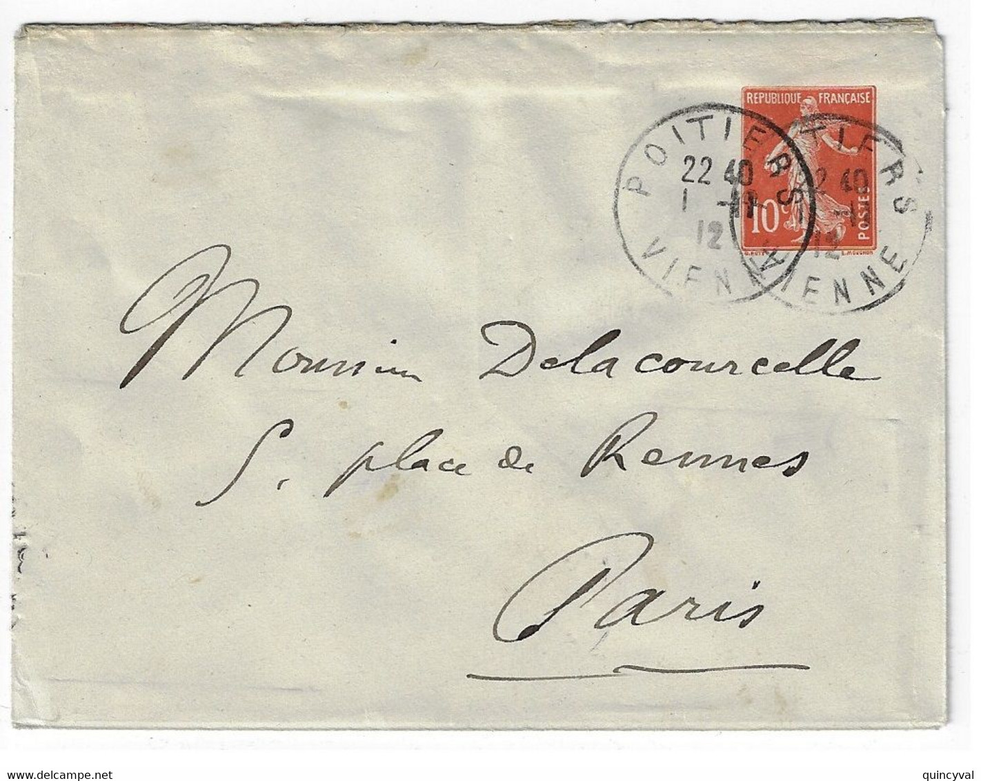 POITIERS Vienne Lettre Entier Postal 10c Semeuse Camée Mill 815 124x 94 Yv 138-E5 Storch E13 Dest Paris Ob 1912 - Standard Covers & Stamped On Demand (before 1995)