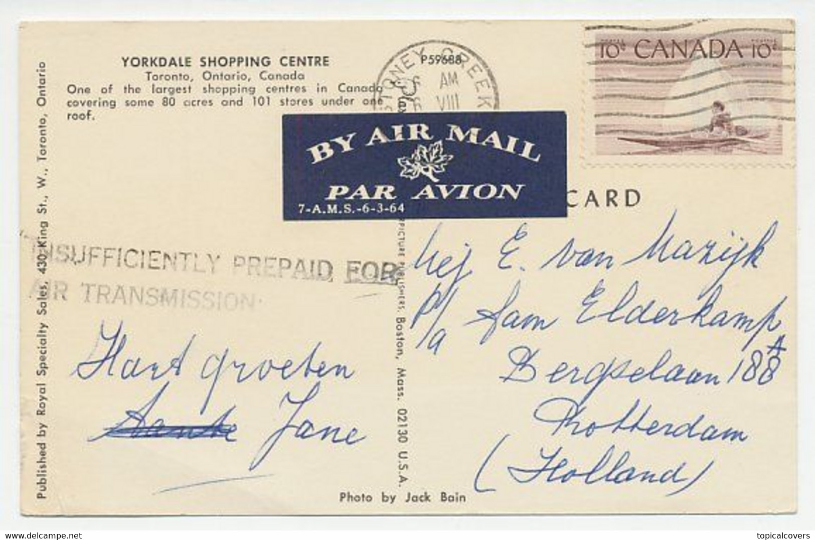 Postcard Canada 1965 INSUFFICIENTLY PREPAID FOR AIR TRANSMISSION - Covers & Documents