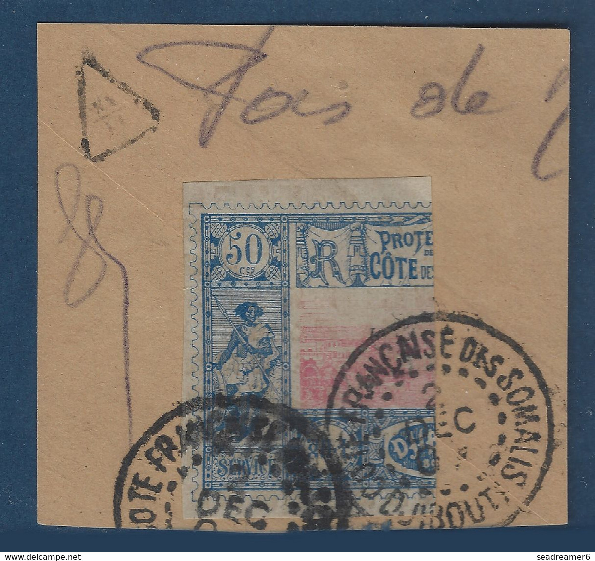 France Colonies Cotes Des Somalis Fragment N°15c 50c Bleu Et Rose Coupé ! TTB Signé CALVES - Gebraucht