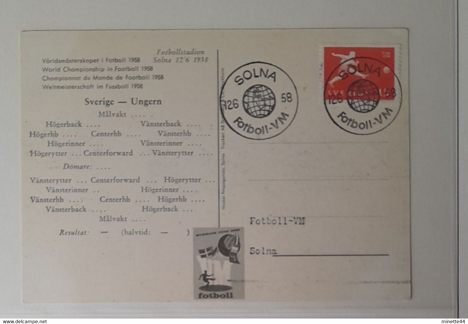 SUEDE 1958  FDC MATCH SOLNA SUEDE HONGRIE  FOOTBALL FUSSBALL SOCCER CALCIO FUTBOL FUTEBOL FOOT FUTEBOL VOETBAL FOTBAL - 1958 – Svezia