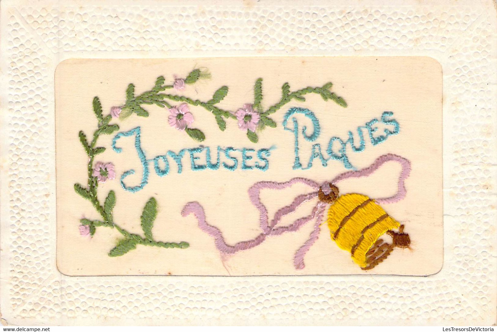 PAQUES - Carte Brodée Joyeuses Paques - Cloche - Fleurs - Carte Postale Ancienne - Pâques