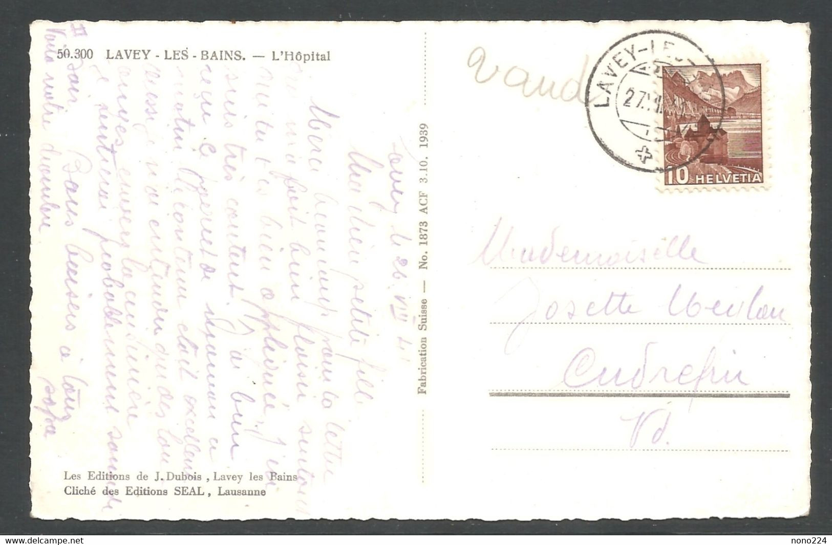 Carte P De 1941 ( Lavey-Les-Bains / Hôpital ) - Lavey