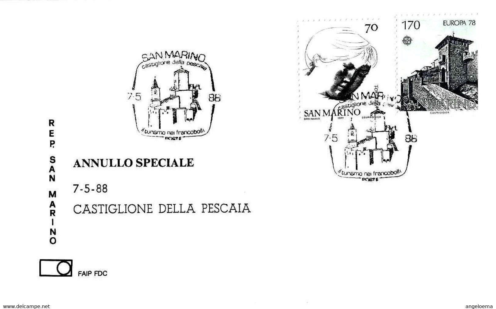 SAN MARINO - 1988 Mostra Filatelica Tema "turismo Nei Francobolli" A Castiglione Peschiera (rocca) Su Busta Faip - 10410 - Châteaux