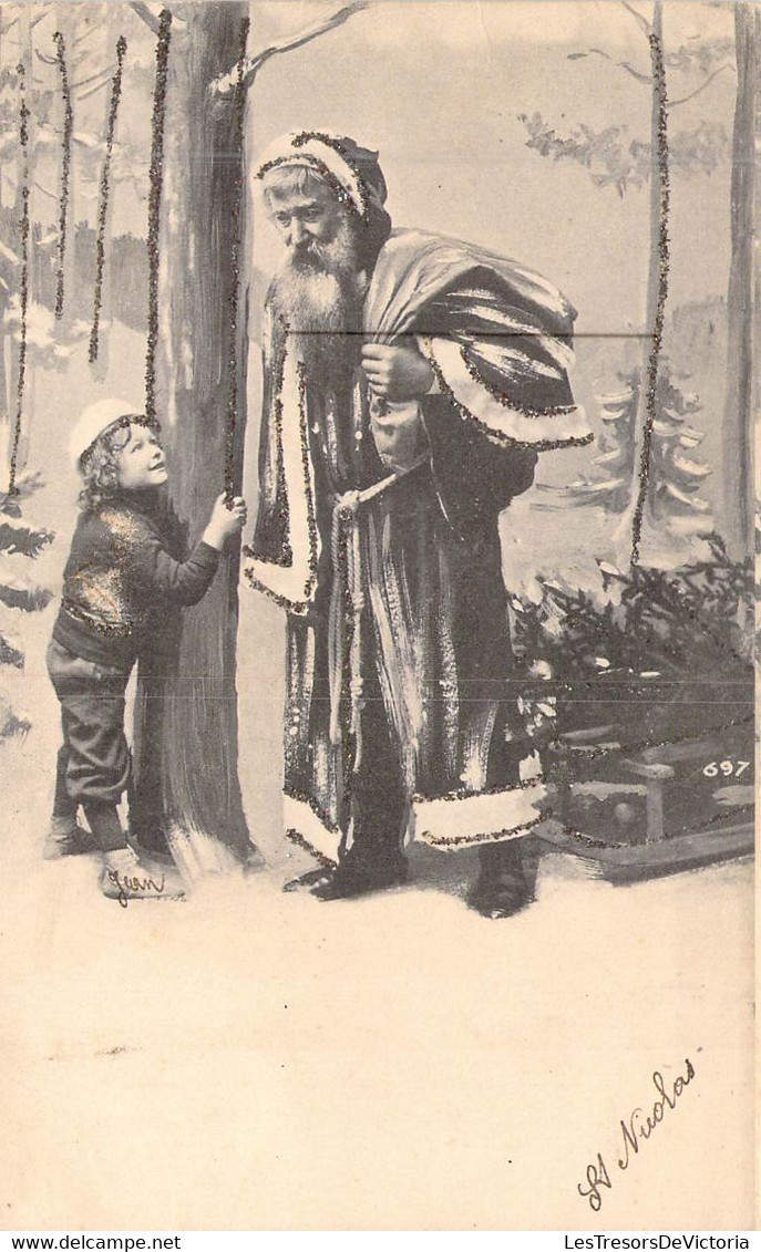 SAINT NICOLAS - Saint Nicolas Rencontre Un Enfant Dans La Foret - Luge - Sapin - Carte Postale Ancienne - Sinterklaas