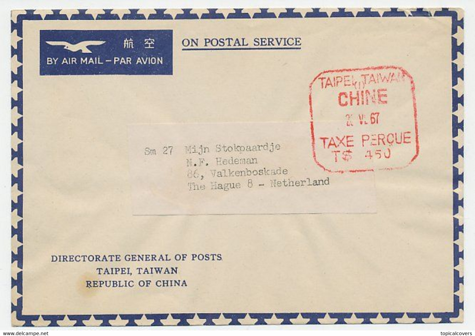 Taxe Percue Service Cover Taipei Taiwan Chine / China - The Netherlands 1967 - Cartas & Documentos