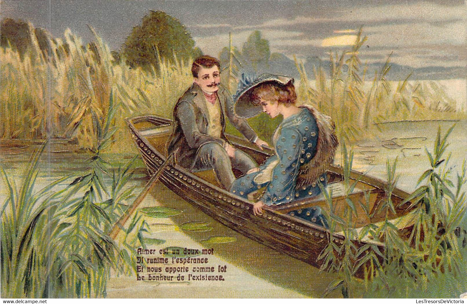 COUPLES - Couple Dans Une Barque - Aimer Est Un Doux Mot Il Ranime L'espérance ... - Carte Postale Ancienne - Couples