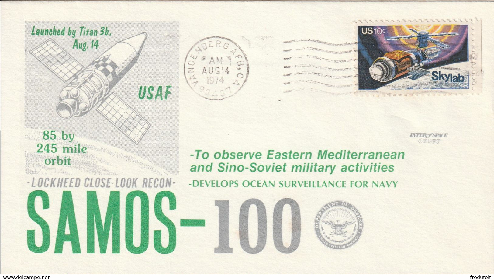 LETTRE - ESPACE - 14/08/1974 : SAMOS-100 - North  America