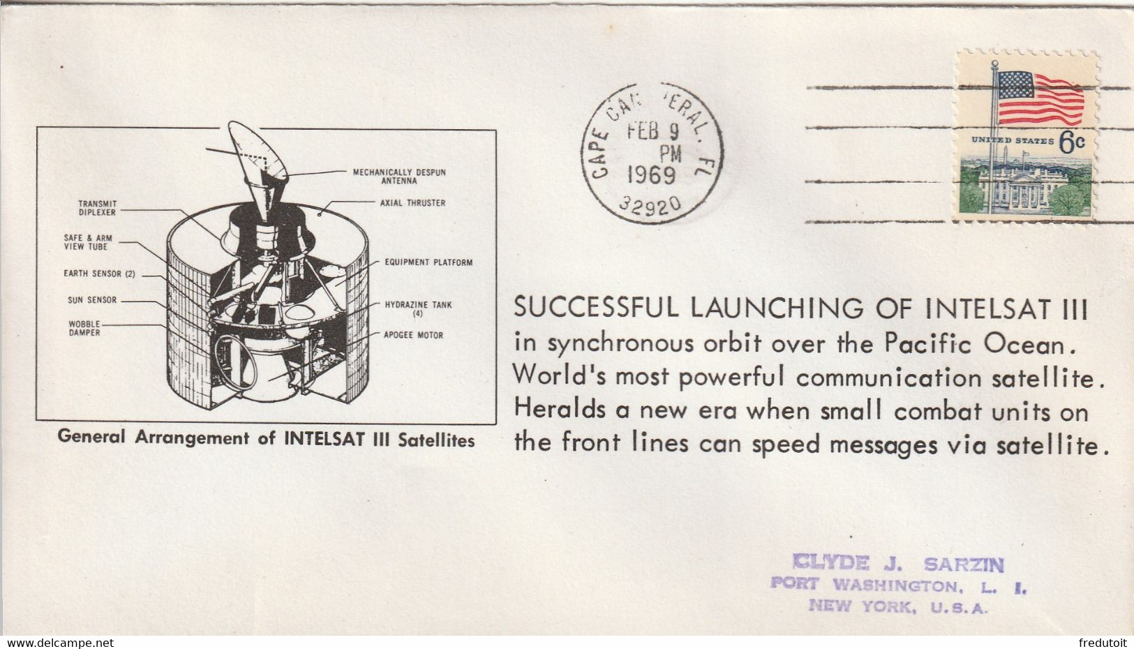 LETTRE - ESPACE - 09/02/1969 : Satellite INTELSAT III - Noord-Amerika