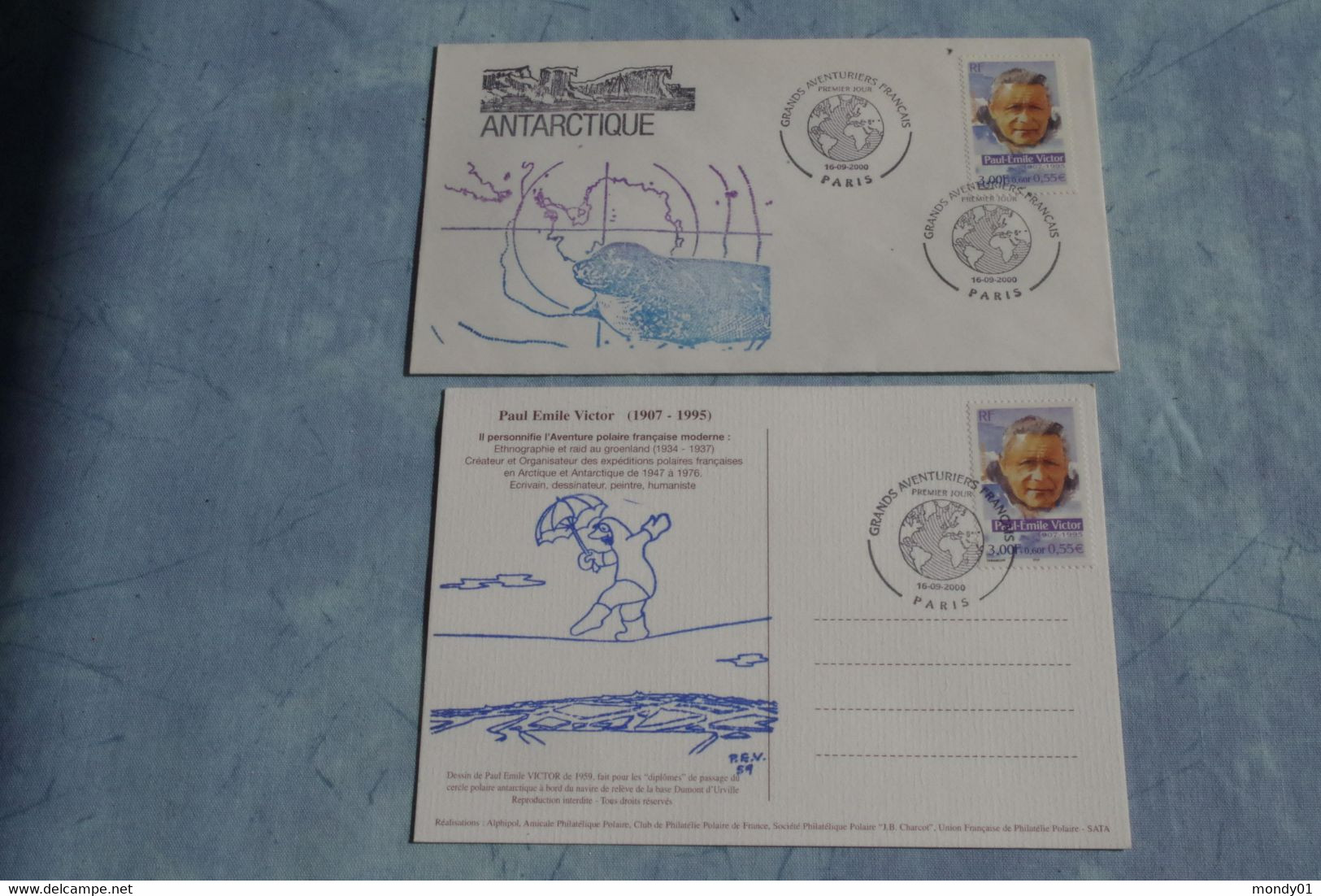 5-775 TAAF FAAT EPF Explorateur South Pole Sud Antarktis Antartico Paul Emile Victor Dessin Pev 1959 Paris 2000 FDC - Esploratori E Celebrità Polari