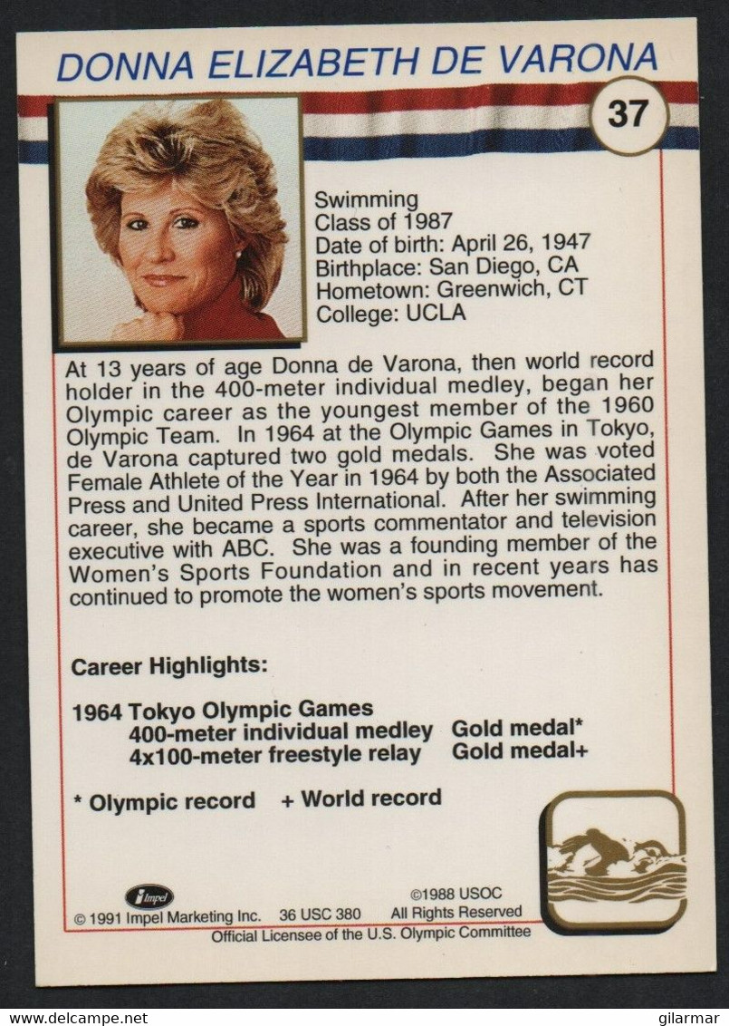 UNITED STATES - U.S. OLYMPIC CARDS HALL OF FAME - SWIMMING - DONNA DE VARONA - # 37 - Trading Cards