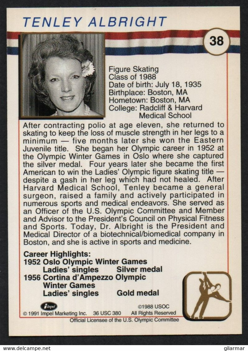 UNITED STATES - U.S. OLYMPIC CARDS HALL OF FAME - FIGURE SKATING - TENLEY ALBRIGHT - # 38 - Trading Cards