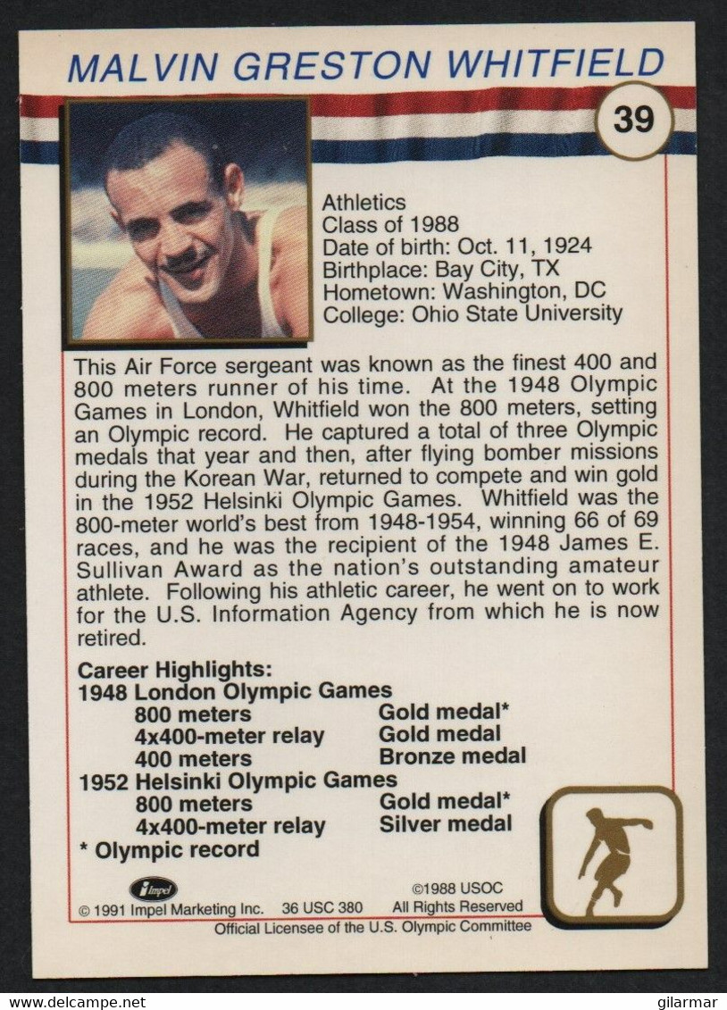 UNITED STATES - U.S. OLYMPIC CARDS HALL OF FAME - ATHLETICS - MALVIN WHITFIELD - # 39 - Tarjetas
