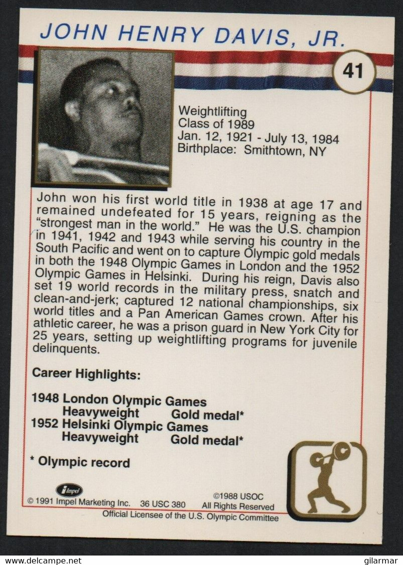 UNITED STATES - U.S. OLYMPIC CARDS HALL OF FAME - WEIGHTLIFTING - JOHN DAVIS - # 41 - Trading-Karten