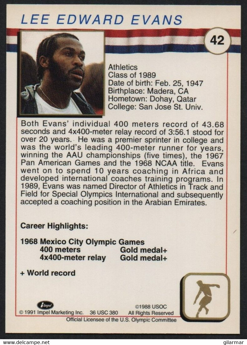 UNITED STATES - U.S. OLYMPIC CARDS HALL OF FAME - ATHLETICS - LEE EVANS - 400 METERS - # 42 - Trading Cards
