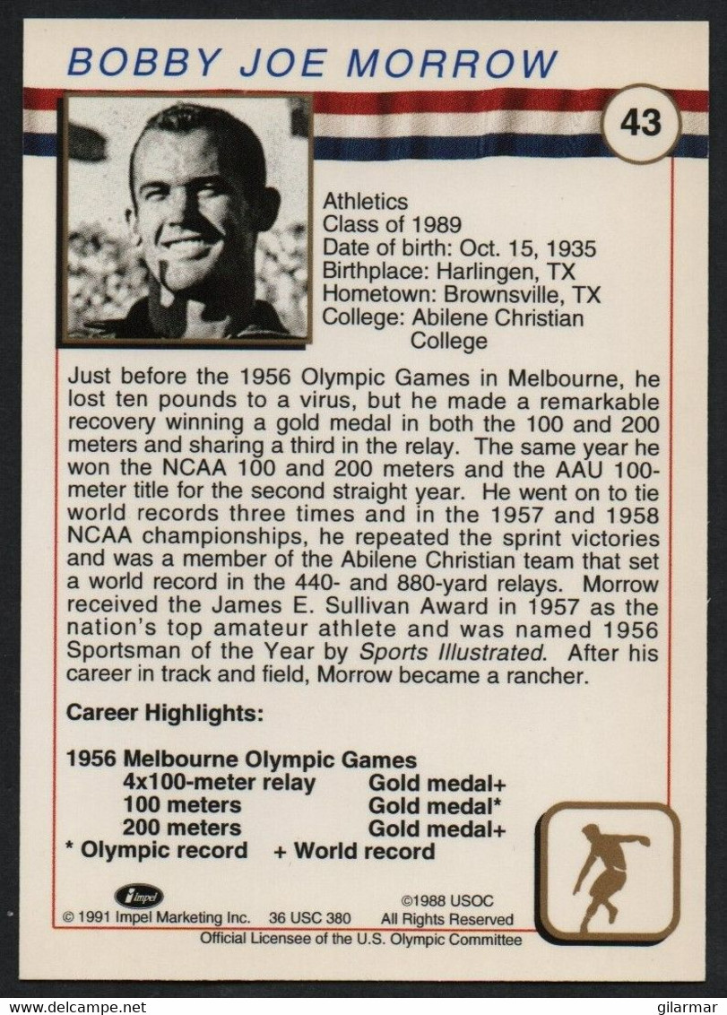 UNITED STATES - U.S. OLYMPIC CARDS HALL OF FAME - ATHLETICS - BOBBY JOE MORROW - SPEED RACES - # 43 - Trading Cards