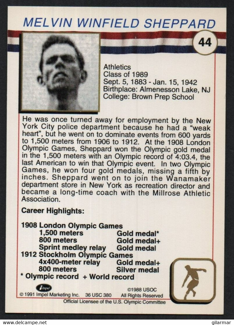 UNITED STATES - U.S. OLYMPIC CARDS HALL OF FAME - ATHLETICS - MEL SHEPPARD - # 44 - Trading Cards