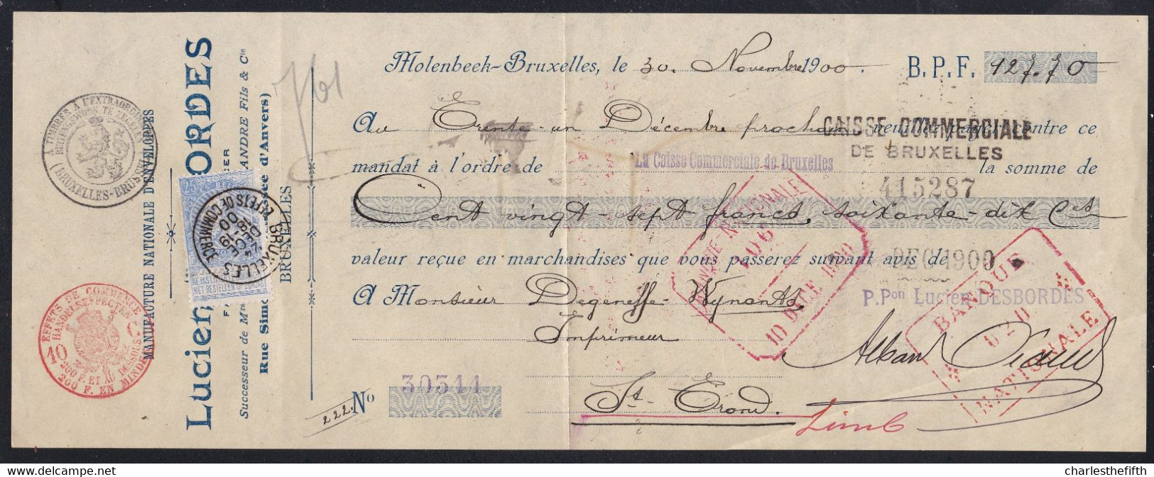 COB 60 CENTRAAL GESTEMPELD OBLITERATION  CENTRALE * BRUXELLES EFFETS DE COMMERCE Sur Effet * ZELDZAAM ! RARE - 1893-1900 Fine Barbe