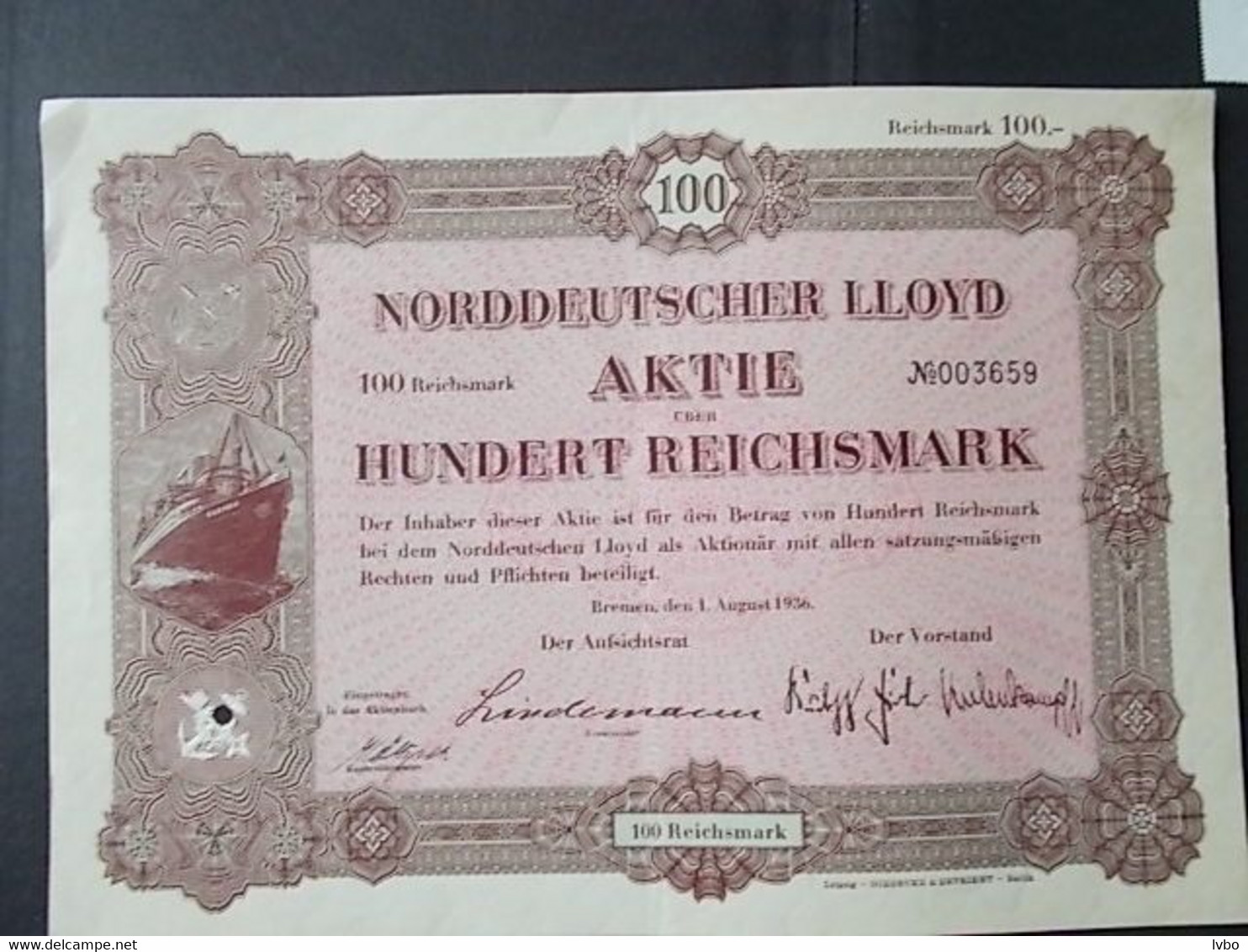 Aktie Norddeutscher Lloyd 100 Reichsmark Von 1936 - Navegación