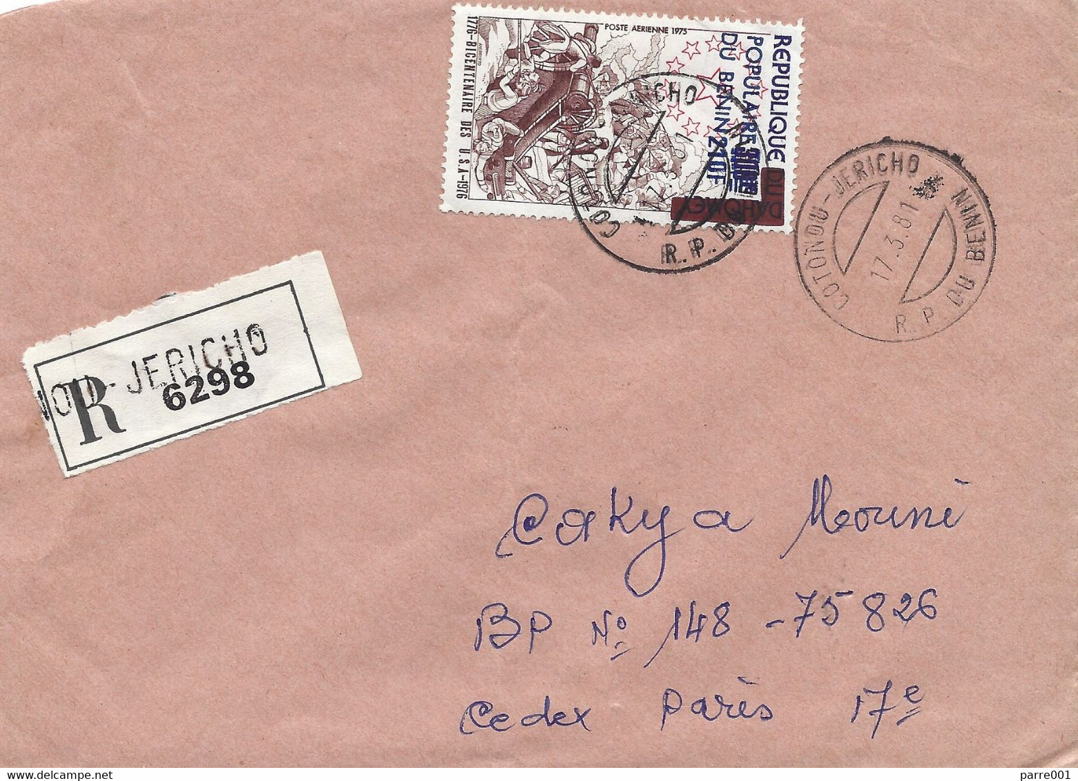 Benin 1981 Cotonou Jericho USA Independence War Overprint 210f On 300f Michel 62 Registered Cover - Onafhankelijkheid USA