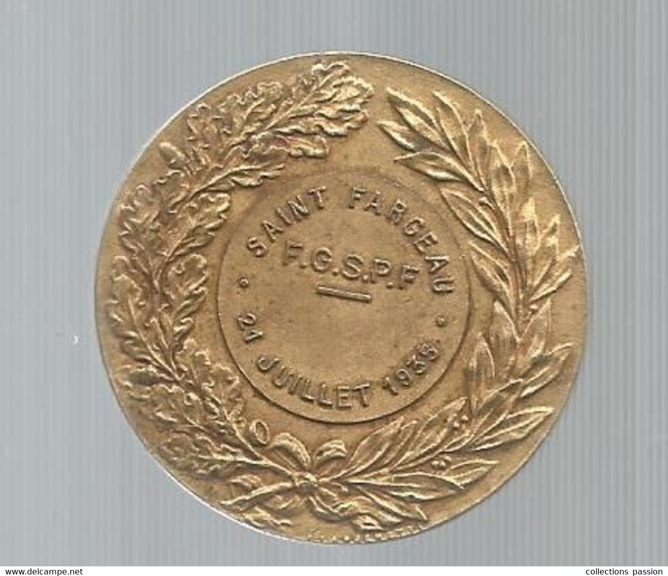 JC,médaille ,  SAINT FARGEAU ,21-7-1935 , F.G.S.P.F. , Graveur Lucien LAROCHETTE,dia: 40 Mm, 32.60 Gr,  Frais Fr 3.35 E - Professionnels / De Société