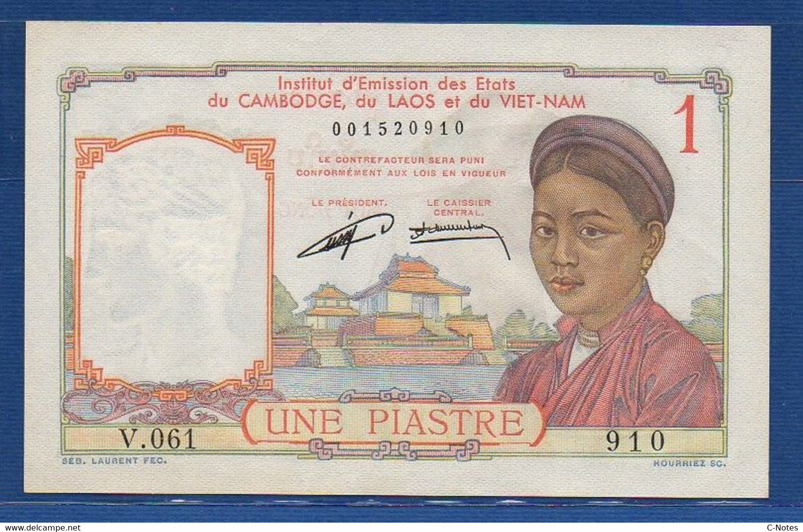 FRENCH INDOCHINA - P. 92 –  1 Piastre ND (1953) UNC-, S/n V.061 910 - Indochine