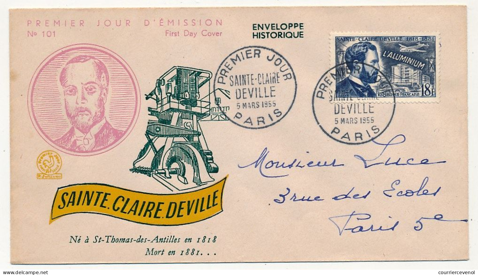 Enveloppe FDC - 18F Saint Claire DEVILLE - PARIS - 5 Mars 1955 - 1950-1959