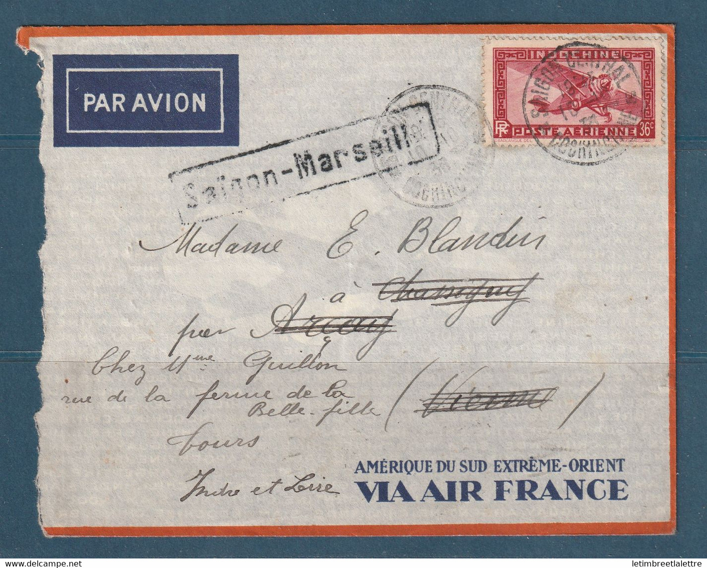 Indochine - Poste Aérienne - YT N° - Saigon Marseille Via Air France - 1936 - Aéreo