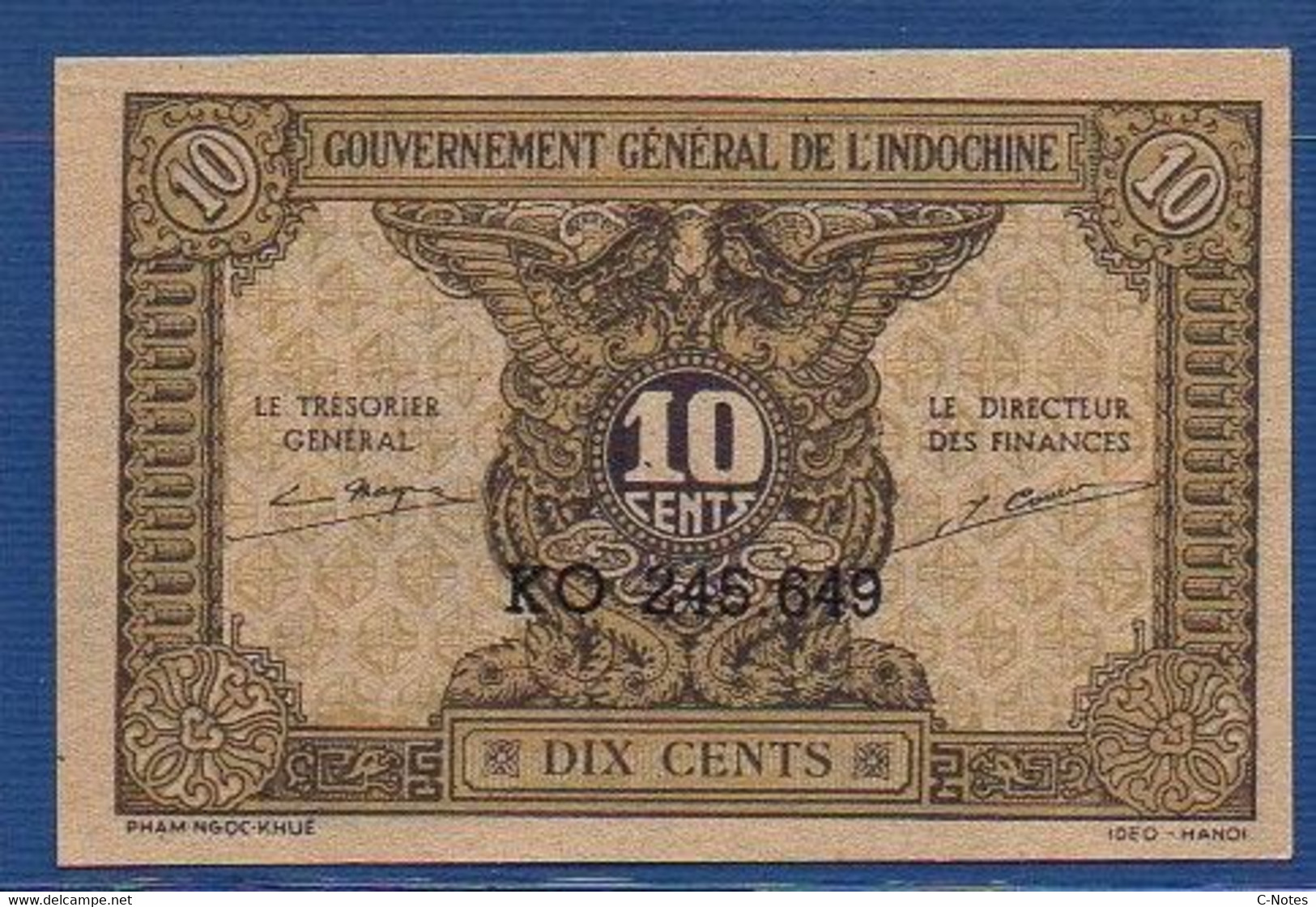 FRENCH INDOCHINA - P. 89a –  10 Cents ND (1942) UNC-, S/n KO 245.649 - Indocina