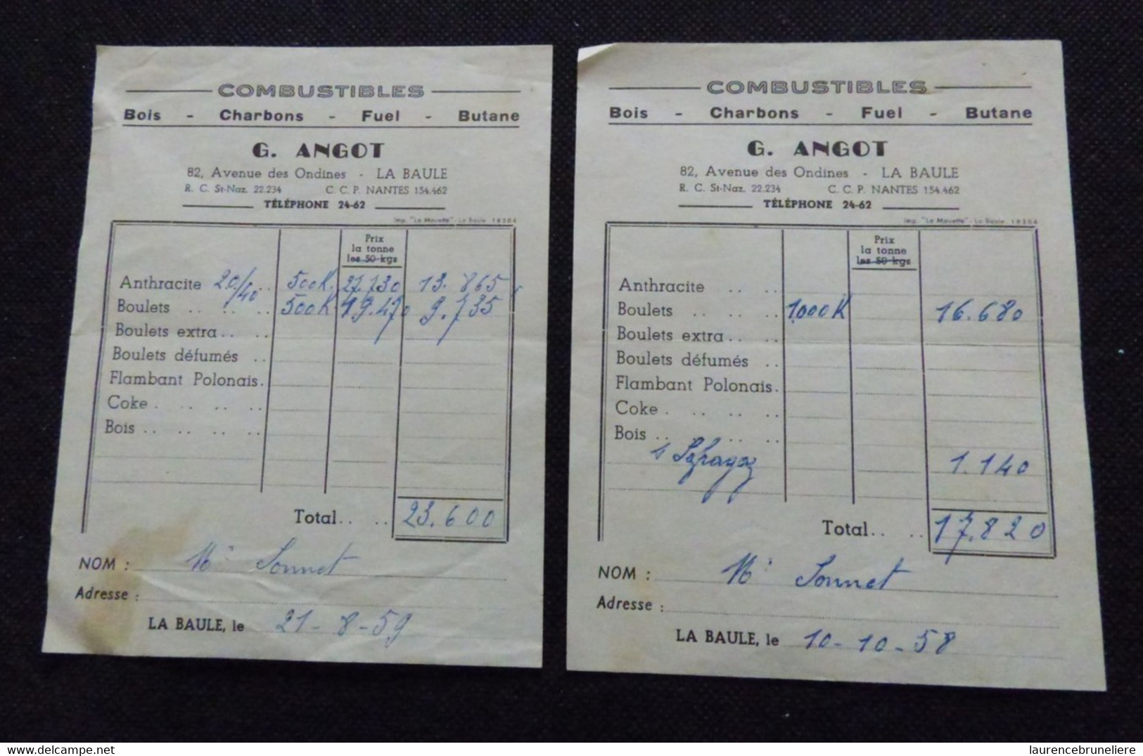 44    LA BAULE -  FACTURES COMBUSTIBLES  G. ANGOT  AVENUE DES ONDINES - 1958 ET 59 - 1950 - ...