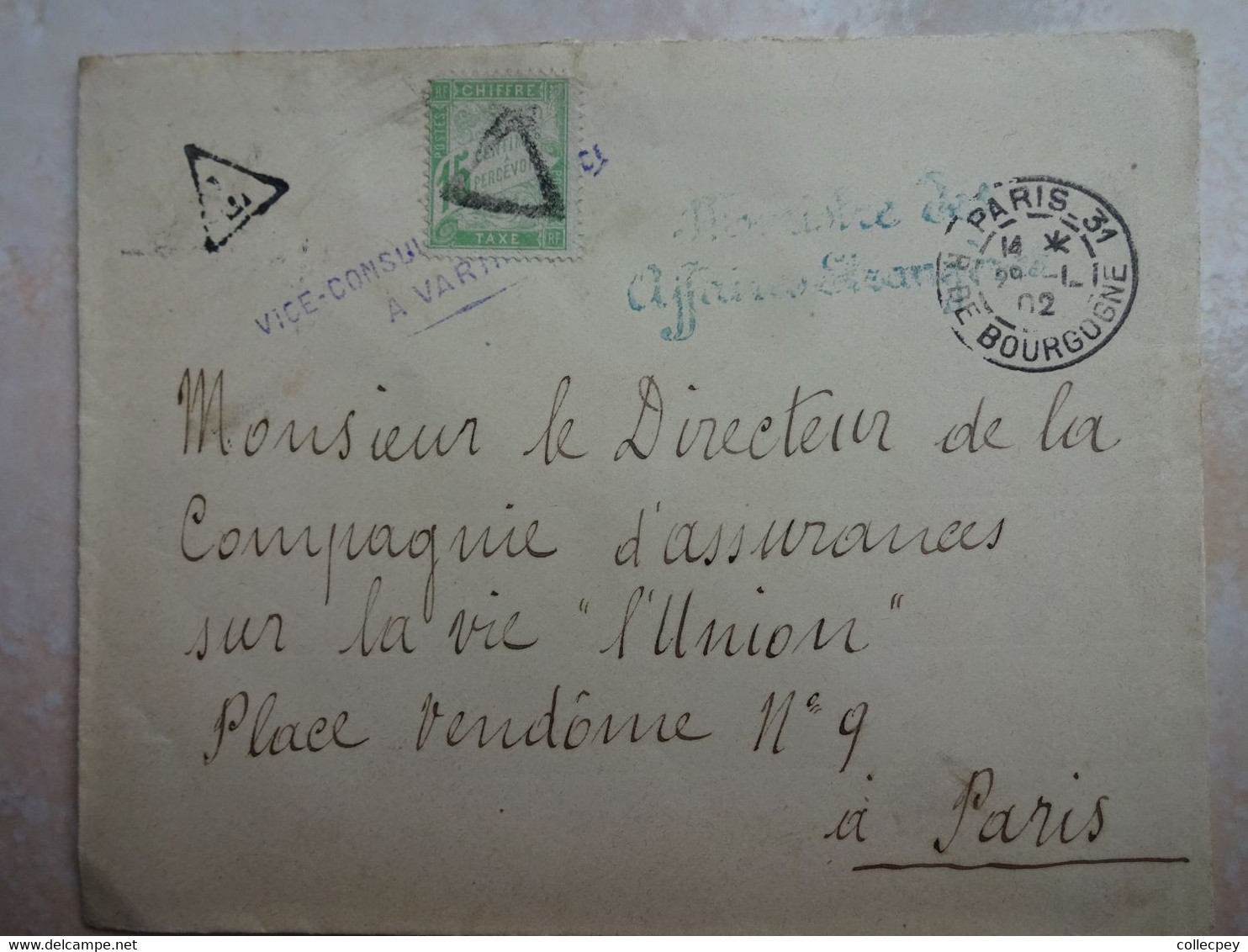 ENVELOPPE LETTRE BULGARIE VARNA Vice Consulat De France Timbre Taxe Oblitération 1902 - Cartas & Documentos