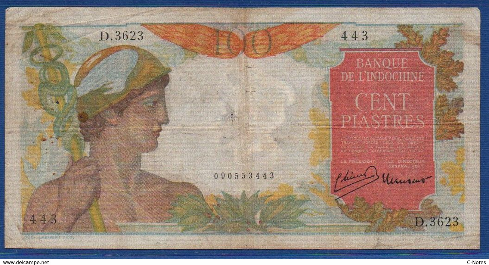 FRENCH INDOCHINA - P. 82b –  100 Piastres ND (1947/1954) AF, S/n D.3623 443 - Indocina