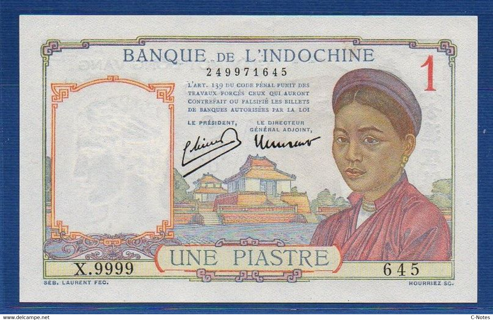 FRENCH INDOCHINA - P. 54e –  1 Piastre ND (1949) UNC-, S/n X.9999 645  Nice Serial - Indocina