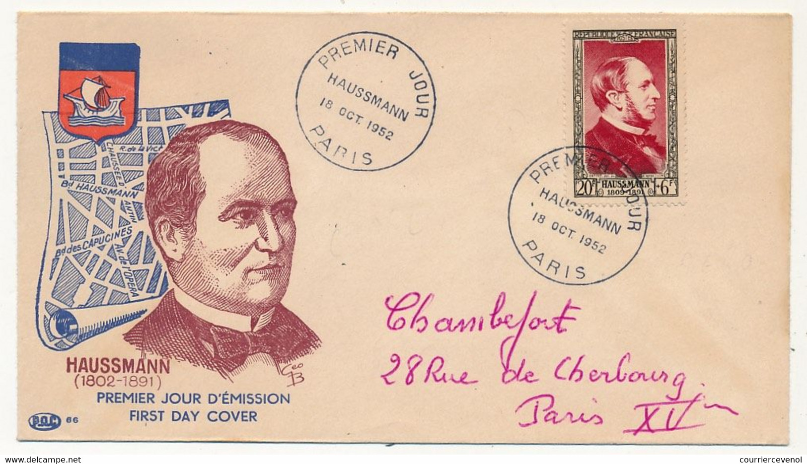 Enveloppe FDC - 20F + 6F HAUSSMANN - Premier Jour PARIS 18 Octobre 1952 - 1950-1959