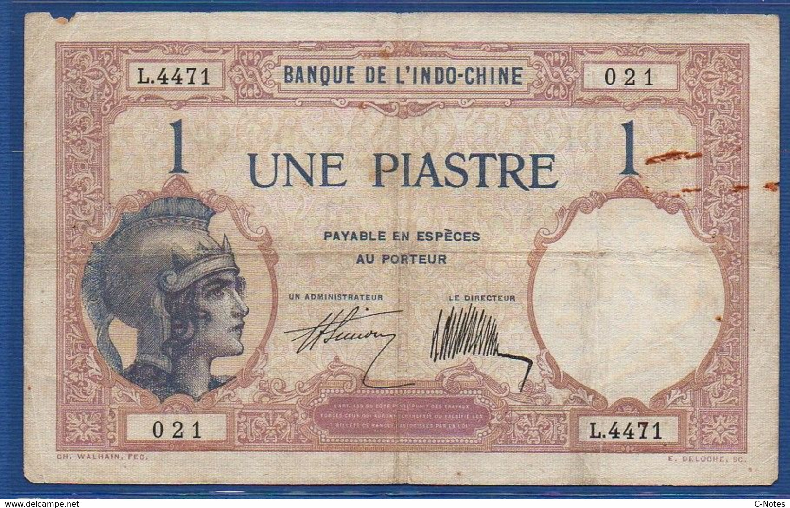 FRENCH INDOCHINA - P. 48b –  1 Piastre ND (1921/1931) VG/F, S/n L.4471 021 - Indochine