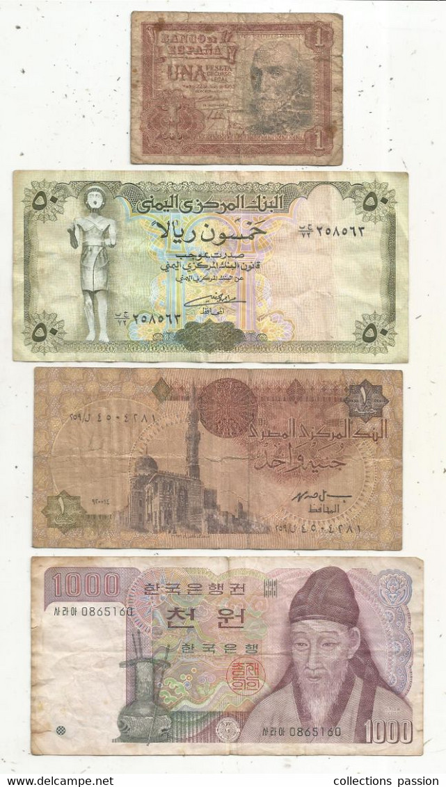 JC, Billet, ESPANA, YEMEN, EGYPT, KOREA, 2 Scans , LOT DE 4 BILLETS - Vrac - Billets