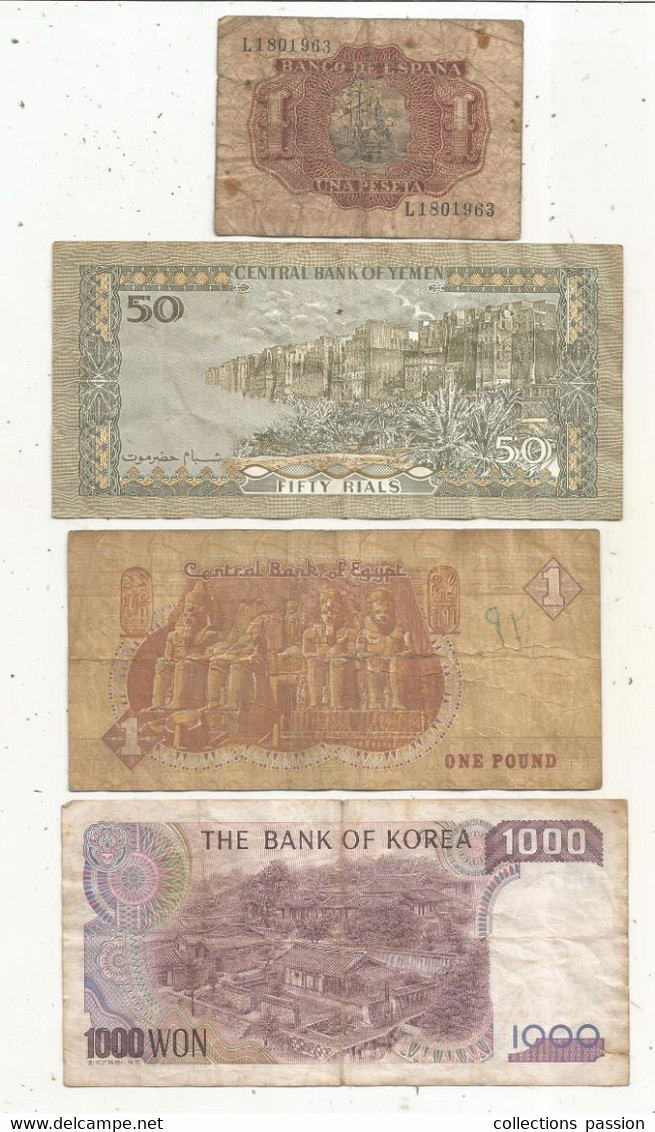 JC, Billet, ESPANA, YEMEN, EGYPT, KOREA, 2 Scans , LOT DE 4 BILLETS - Kiloware - Banknoten