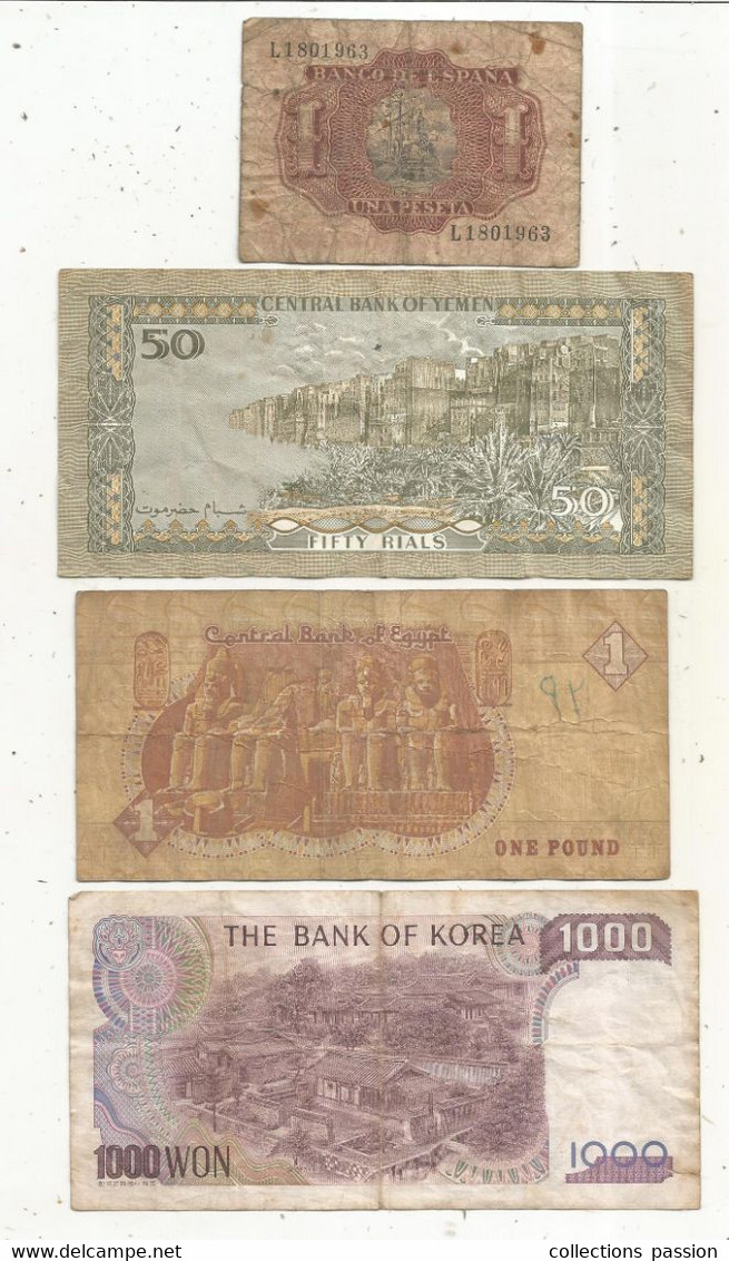 JC, Billet, ESPANA, YEMEN, EGYPT, KOREA, 2 Scans , LOT DE 4 BILLETS - Mezclas - Billetes